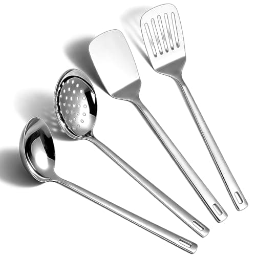 Image of ReaNea Stainless Steel Kitchen Utensils Set, 4-Piece – Slotted Turner, Solid Turner, Skimmer & Ladle – Rust-Resistant, Long Handle, Hanging Loop, Dishwasher Safe – Everyday Cooking & Serving