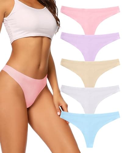 Image of Voenxe Seamless Women Thong Underwear,No VPL Ladies Panties,No Show Woman Gym Thongs Multipack,Invisible Soft Knickers,Seam Free Breathable String Knicker Pants,Female Comfy Mid Rise Underpants,5-Pack