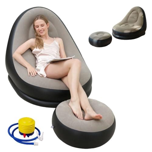 Image of JOAASU Inflatable Lounge Chair for Adults with Footstool, 2-Piece Flocked Blow Up Sofa Set, Portable Air Couch for Indoor Outdoor Camping Gaming, Comfortable Recliner with Pump for Home Garden, Coffee
