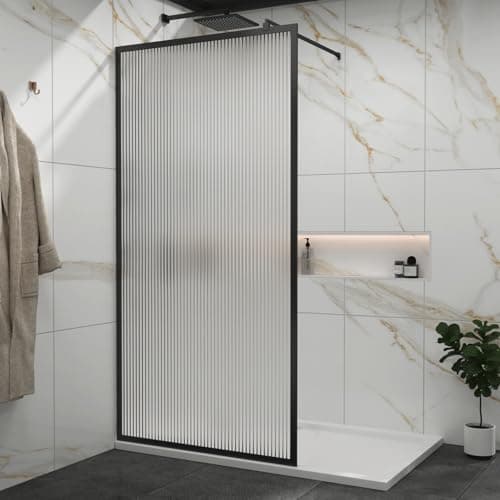Image of Luxor 900mm Walk in Wet Room Fluted Shower Screen with Matt Black Frame 8mm Easy Clean Toughened Safety Glass & Top Support Arm