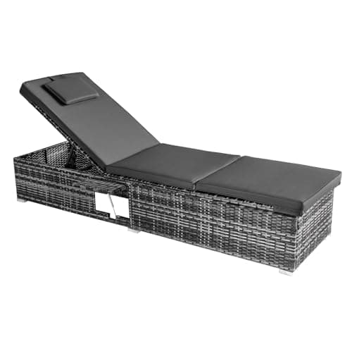Image of Panana Rattan Sun Lounger, Outdoor Chaise Lounge Recliner with Cushions, Head Pillows and Folding Table, PE Wicker Patio Reclining Sunbathing Chair with Adjustable Backrest Footrest for Patio Poolside