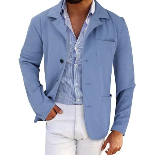 Image of Men's Casual Textured Shirt Jacket Long Sleeve Twill Button Down Overshirt Lightweight Wrinkle-Free British Style Blazer Shacket with Pockets Blue