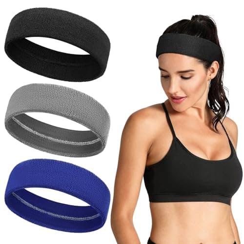 Image of Tumurup 3 Pack Black Sweatbands for Men Women| Heavy Absorbency Sports Headbands for Gym, Running & Training | Non-Slip Sweat Bands Head Moisture-Wicking Hair Bands Men