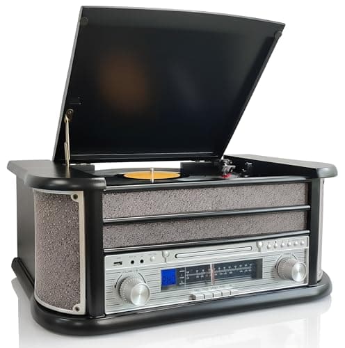 Image of Denver 9-in-1 CD Bluetooth Cassette Player Retro Wooden Record Player HiFi System – 3 Speed Vinyl Turntable & Cassette With CD Player, FM/AM Radio, MP3 USB Recording, AUX IN And Line Out – MCR-50BT