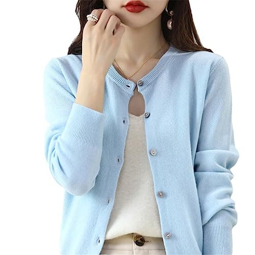 Image of Bollrllr Women's Cashmere Cardigan, Crew Neck, for Spring, Autumn, Winter, Long Sleeve, Knitted, Solid Color, Soft, sky blue, L/XL