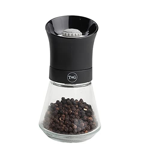 Image of T&G 11090 CrushGrind Tip Top Pepper | Peppercorn Mill with Glass Base, 12.5 cm, Black | Gourmet Fully Adjustable Ceramic Manual Grinder | Shaker | Coarse & Fine | Easy Fill
