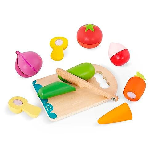 Image of B. toys – Chop 'n' Play – Vegetables– Pretend Play Food Set – 6 Wooden Toy Vegetables to Cut – Hook– and– Loop Play Food for Toddlers, Kids – Safe Knife & Cutting Board – 2+ Years