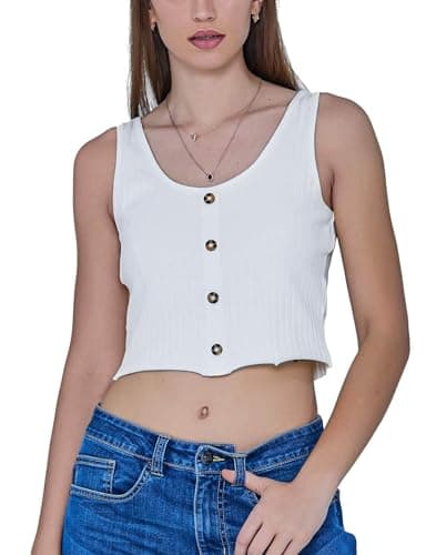 Image of Enorsia Women’s Ribbed Button Front Tank Top – Slim Fit Cropped Vest with Scoop Neckline & Raw Edge Detail – Stretch Cotton Rib Sleeveless Summer Top in White, 10