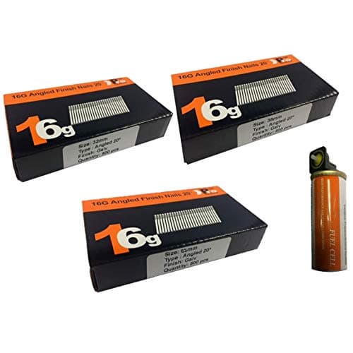 Image of 32mm + 38mm + 63mm 16g Angled Nails, 3 x 500 Pack + 1 x Fuel Cell for Paslode