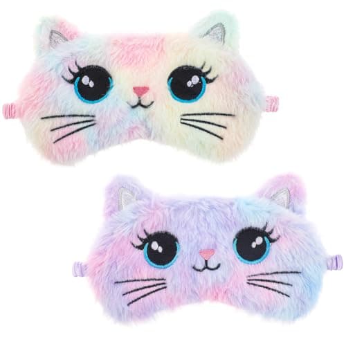 Image of Plush Sleep Mask, 2 Pcs Cute Cat Sleeping Eye Mask Colorful Soft Sleeping Masks Comfortable Funny Animal Night Eye Masks for Sleeping for Women Home Travel Camp Nap