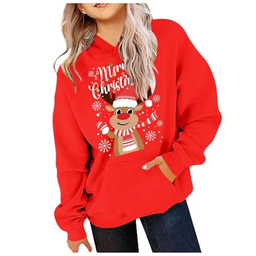 Image of Christmas Hoodies Sweatshirt Kids Girls Age 3-12 Years Trendy Graphic Girls Pullover Hoody Xmas Long Sleeve Winter Oversized Loose Cute Cartoon School Sports Vacation Tops (Red, 11-12 Years)