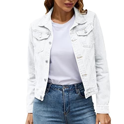 Image of White Denim Jacket, Womens Long Sleeve Casual Trucker Jean Jacket, Classic Button Up Outerwear Coat for Spring, Autumn, Ladies Denim Jackets
