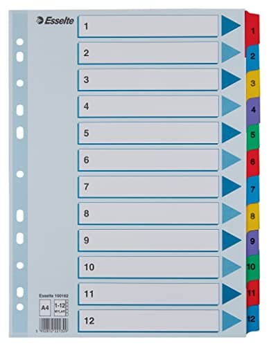 Image of Esselte 100162 A4 1-12 Index, Heavy Duty Cardboard with Mylar Reinforced Tabs, Blue/Multicolour