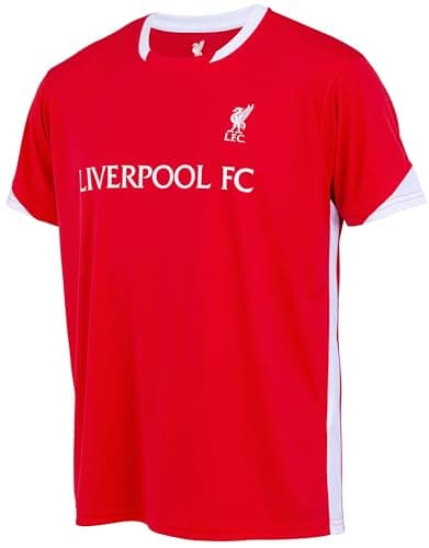 Image of Liverpool F.C. Men's Red Striped Polyester Short Sleeve Jersey, Size Small
