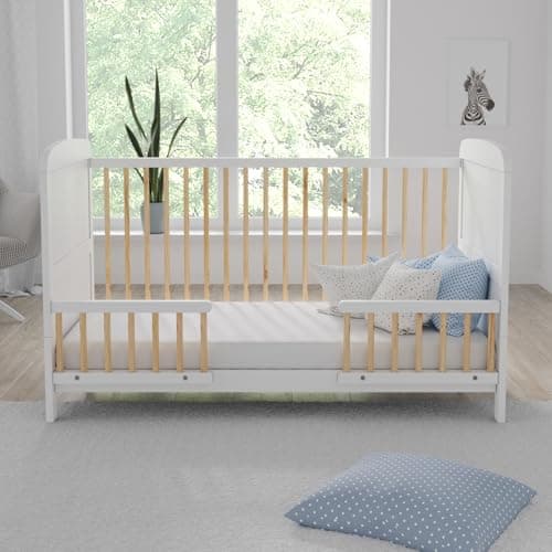 Image of Love For Sleep MADDOX Cot Bed 140x70cm – Adjustable Base, Converts to Toddler Bed & Sofa Bed – Wooden Barriers Included – Baby Crib from Birth to 6 Years (White/Pine, Cot Bed)