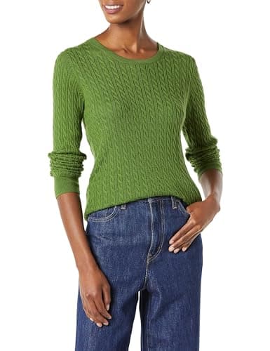 Image of Amazon Essentials Women's Lightweight Cable Knit Long-Sleeve Crewneck Jumper (Available in Plus Size), Green, L