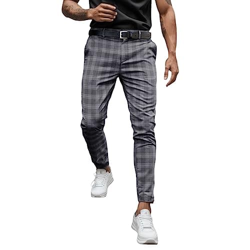 Image of Mens Checked Trousers Slim Fit Tapered Leg Plaid Dress Pants Fashion Straight Leg Business Casual Bottoms Stretch Office Work Daily Smart Slacks with Pockets A-Grey L