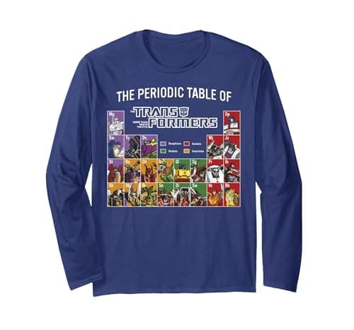 Image of Transformers Retro Autobots Periodic Table of Transformers Long Sleeve T-Shirt, Adult Unisex, Navy Blue, Large