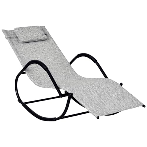 Image of Outsunny Rocking Sun Lounger, Garden Rocking Chair Zero Gravity Lounge Chair, Outdoor Patio Recliner with Padded Pillow and Steel Frame, Grey