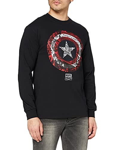 Image of Marvel Men's Captain America Comic Shield Long Sleeve Top, Black, M UK