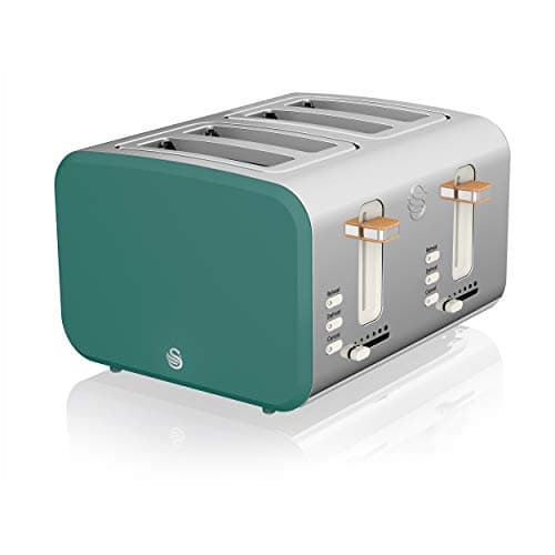 Image of Swan ST14620GREN Nordic 4 Slice Toaster with 6 Browning Levels, Defrost/Reheat/Cancel, Removable Crumb Trays, Cord Storage, 1500W, Green