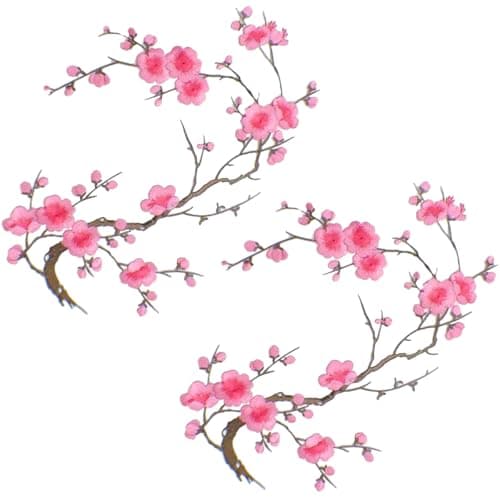 Image of 2 PCS Plum Flower Embroidery Patches Large Blossom Iron on Applique Jeans Patches Sew on Flower Embroidery Fabric Clothing Patches for Hats Jeans Clothes Bags Shoes DIY Crafts Sewing Repair Decoration