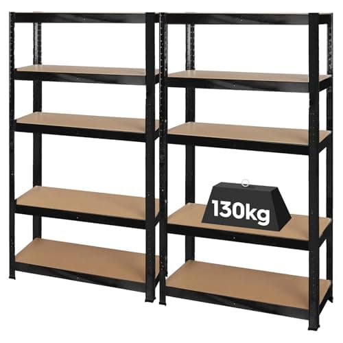 Image of Harbour Housewares 5-Tier Steel Garage Shelving Units Set - Matt Black - 2pc Heavy Duty Free Standing Industrial Shed Storage Racking Shelves | Boltless Assembly | 650kg Capacity | 75 x 30 x 150cm