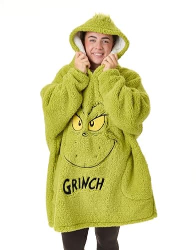 Image of The Grinch Adults Oversized Wearable Blanket | Men & Womens Fleece Sherpa Fluffy Embroidered Christmas Hooded Pullover | Seasonal Heavyweight Hoodie Loungewear | Xmas Movie Merchandise Gift