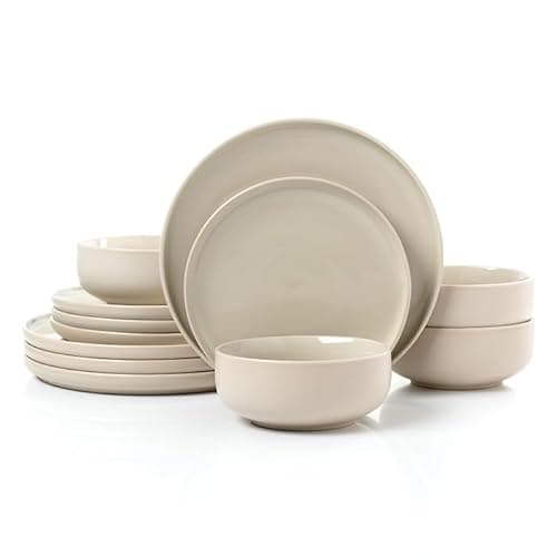 Image of Waterside 12pc Premium Stone & Cream Coupe Stoneware Dinner Set; 4 Dinner Plates, Side Plates & Deep Bowls - Dishwasher & Microwave Safe - Matt & Shiny Effect