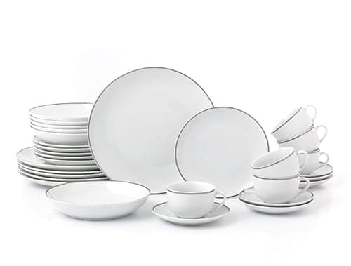 Image of Waterside 30pc Silver Porcelain Dinner Set; 6 Dinner Plates, Side Plates, Soup Bowls and Cups & Saucers