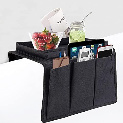 Image of Cysocool Sofa Candy Organizer with Tray Armrest Cup Holder Couch Armchair TV Remote Caddy Storage Bag for Phone Tablet Book Magazines DVD Eyeglasses Drinker Snacks Pouch Pocket, Black
