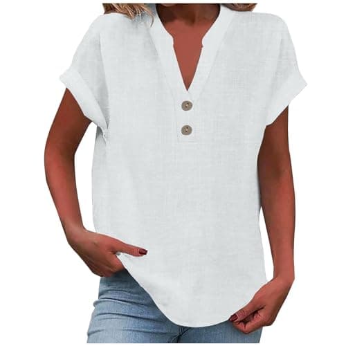 Image of Womens Tops Summer Tops for Women UK Dressy Causal Cap Sleeve V Neck Button Down Shirts Loose Cotton Linen Blouse Ladies Top 2026 White Womens t Shirts Size 16 XL