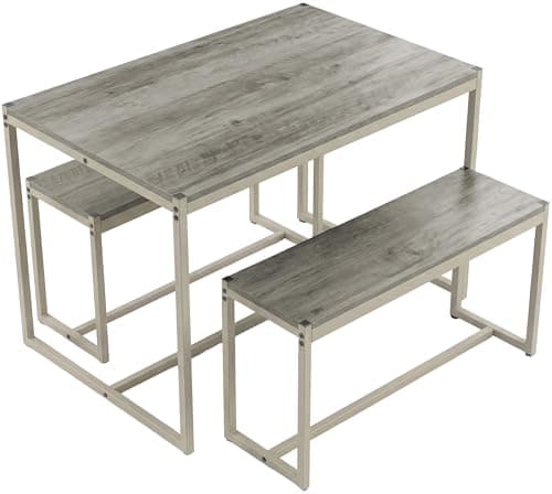 Image of Blisswood Dining Table and Bench Set for 4, 3 Piece Industrial Kitchen Table Set with Metal Legs, Space Saving Wooden Dining Table with 2 Benches for Small Spaces, Dining Room, Apartment & Home, Grey