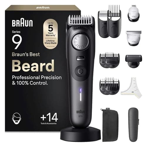Image of Braun Series 9 Beard Trimmer for Men, BT9565, Titanium - +14 Barbering Tools, Power Boost, Lifetime Sharp ProBlade, 180 min Cordless Use, 52 Lengths, PrecisionWheel & Lock, Waterproof, Fade Control