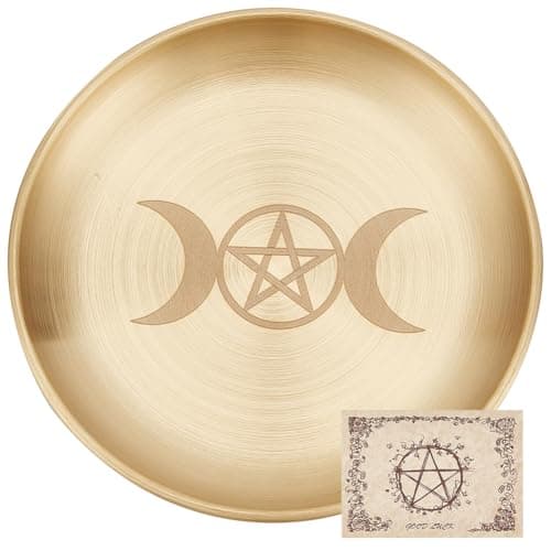 Image of CREATCABIN Pentagram Altar Plate Moon Tarot Plate Ritual Burning Candle Holder Bowls Offering Incense Aromatherapy Tray Ceremony Plates with Altar Card Home Decor for Witchcraft Wiccan Golden 5.55in