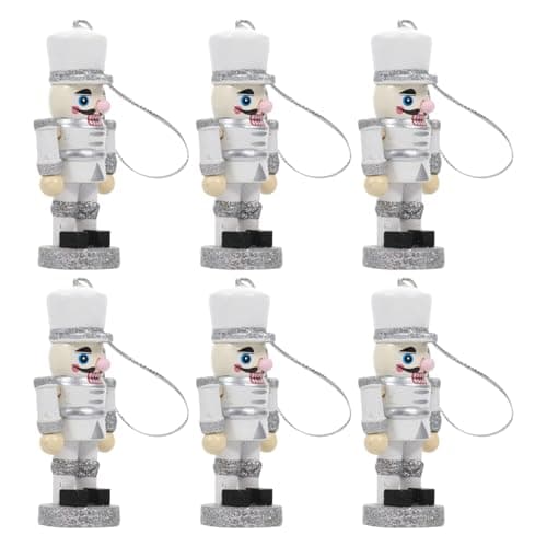 Image of ERINGOGO 6pcs 6cm Silver Nutcracker Soldier Christmas Wooden Pendant Set, Painted Hanging Ornaments for Tree Decoration, Traditional Festive Cartoon Design Decor Assorted style