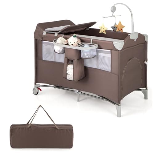 Image of COSTWAY 5 in 1 Travel Cot, Folding Baby Playard with Bassinet, Mattress, Music Box, Hanging Toys, Storage Rack and Carry Bag, Lightweight Crib Suitable from Birth to 15kg (Brown)