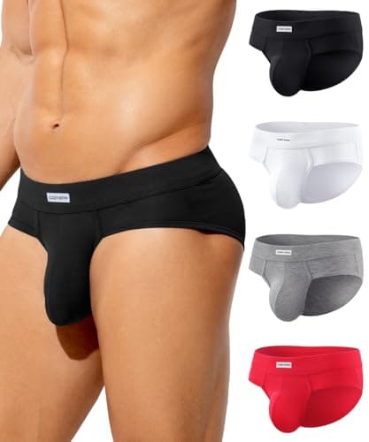 Image of Casey Kevin Men's Underwear Bamboo Rayon Bikini Briefs Soft Comfort Lightweight 3D Contour Pouch Tag-free Underpants 4 Pack,Black/White/Light Grey/Red,L
