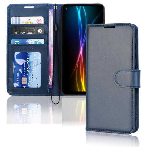 Image of TECHGEAR Galaxy A21s Leather Wallet Case, Flip Protective Case Cover with Wallet Card Holder, Stand and Wrist Strap - Navy Blue PU Leather with Magnetic Closure Designed For Samsung Galaxy A21s