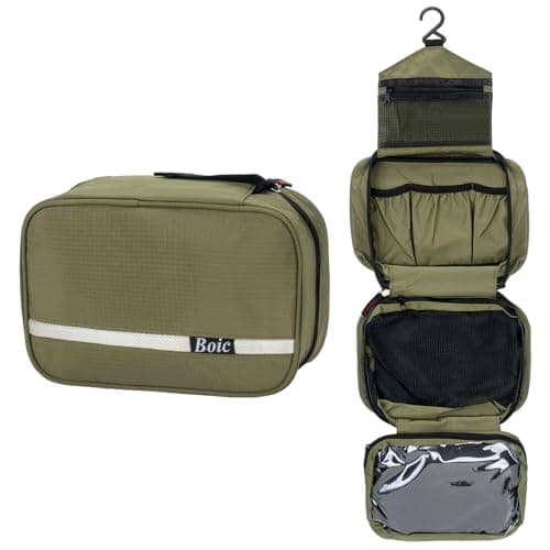 Image of Boic Hanging Toiletry Bags, Waterproof Wash Bags for Men, Travel Toiletries Bag Men Foldable Washbag Cosmetic Kit Multifunctional Travel Toiletry Bag Mens with 4 Compartments 24x10x15 Cm (Green)