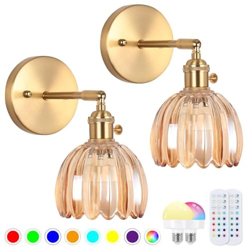 Image of EIDEARAY Battery Operated Wall Sconce Set of 2,Vintage Wall Sconce with Amber Tulip Glass Lampshade Rechargeable Wall Light with Remote Control for Bedroom,Living Room, Hallway, Aisle