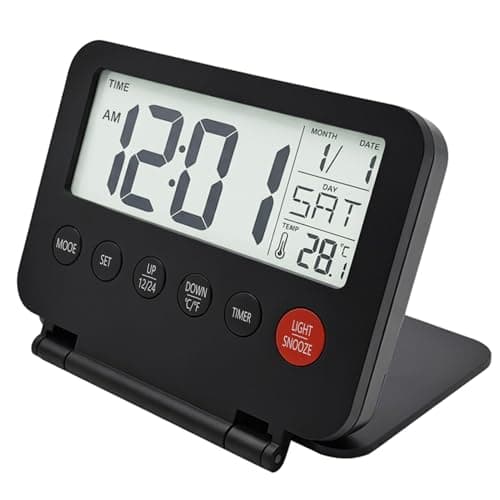 Image of Elixvane Digital Travel Alarm Clock, Desktop Foldable Battery Operated Clock Small Portable LCD Display Backlight Clocks Calendar Temperature Snooze 5min 12/24H Weekend for Bedroom Office(Black)