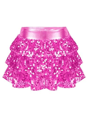 Image of renvena Girls Sequin Skirt Tiered Ruffle Metallic Elastic Waist Skater Skirts Shorts Kids Dance Costume Hot Pink 11-12 Years