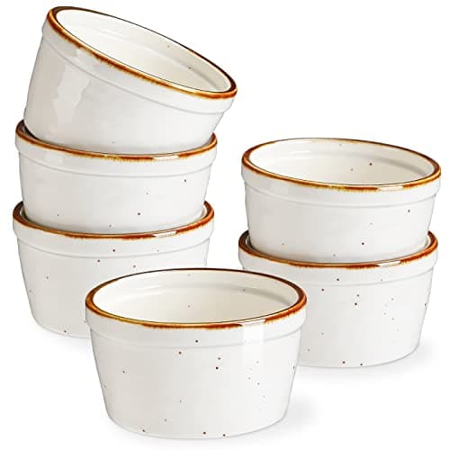 Image of ONEMORE Ramekins Set of 6, 170ml - Oven/Microwave/Dishwasher Safe Ceramic Small Bowls Set for Entertaning - Rustic Speckled, Glossy Glazed - Cream White