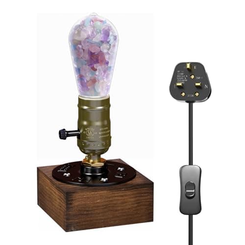 Image of BrightWish Vintage Industrial Wooden Table Lamp with Crystal Accents, E27 Retro Desk Light Bedside Lamp with UK Plug, ON/Off Switch, Steampunk Rustic Reading Light for Living Room,Cafe Bar Decor