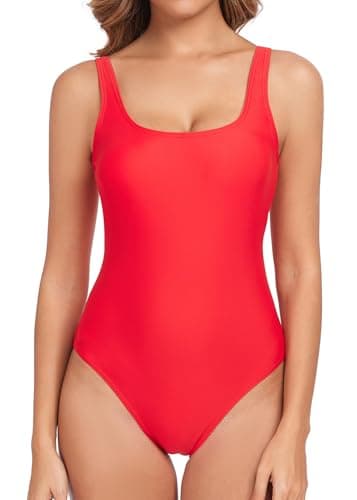 Image of Derssity Swimming Costume Women Athletic One Piece Swimsuit Tummy Control Sports Swimwear U Back Padded Bathing Suits R M Red