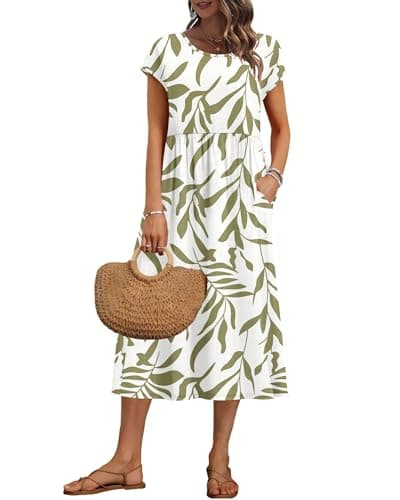 Image of AUSELILY Women's Summer Short Sleeve Midi Dresses A-line Shift Loose Dress with Pockets, Beige Brown Leaf L