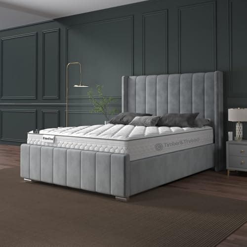 Image of Timber & Thread Grey Plush Velvet Ottoman Bed Frame with Winged Headboard, Upholstered Storage, Double 4ft6, Double bed frame, double ottoman bed for compact spaces