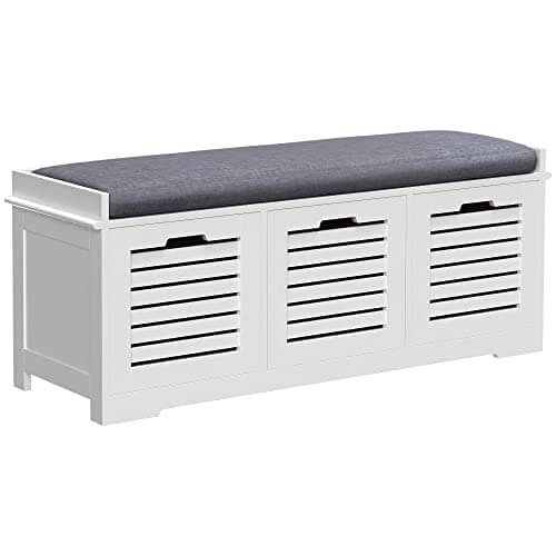 Image of HOMCOM Shoe Bench, Linen-look Shoe Storage Bench with 3 Drawers, Removable Seat Cushion and Slatted Doors for Hallway Entryway, White