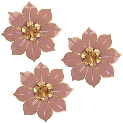 Image of Arborus 3pcs Metal Flowers Wall Art 3D Modern Wall Art Decor Pink Floral Sculpture Metal Hanging Artworks Decorations for Living Room Bedroom Home Hallway Arts Decor Ornaments